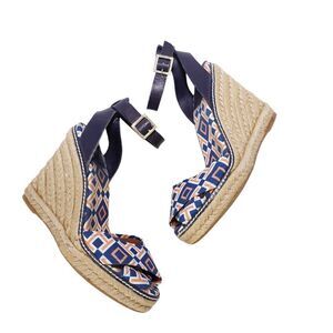 Tory Burch Criss Cross Blue and Orange Espadrille Wedges, Size 8